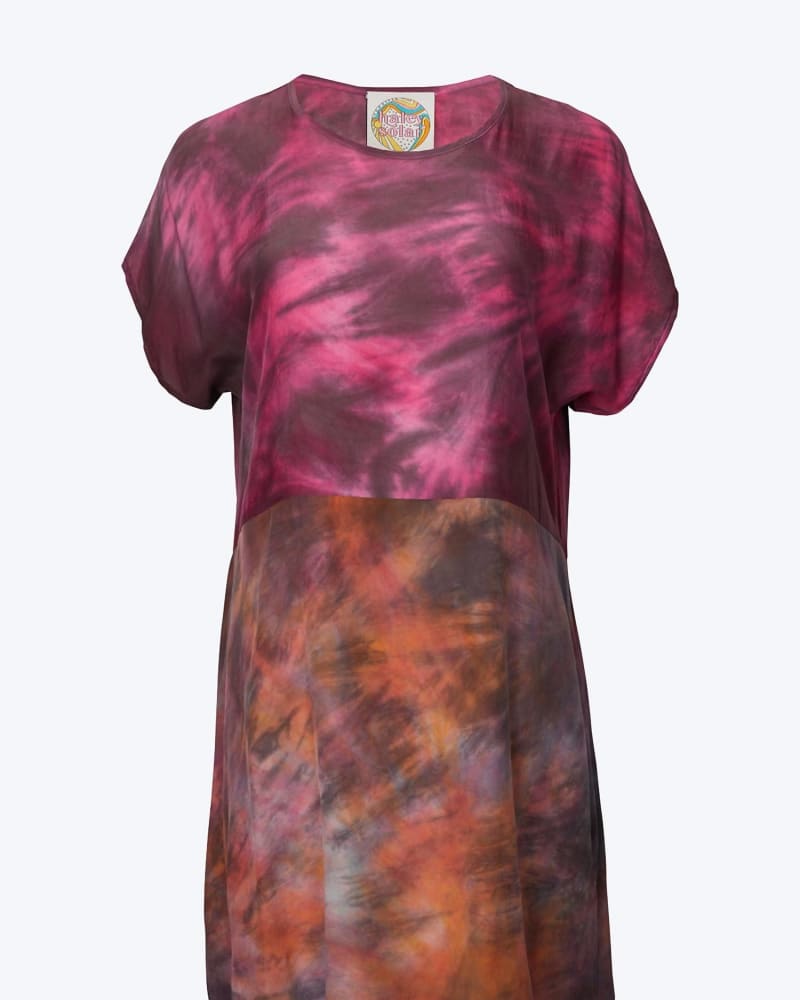Front of a size L Tie-Dyed Colorblocked Silk Mini Dress in Pink/Aura in Pink/Aura by haley solar. | dia_product_style_image_id:340962